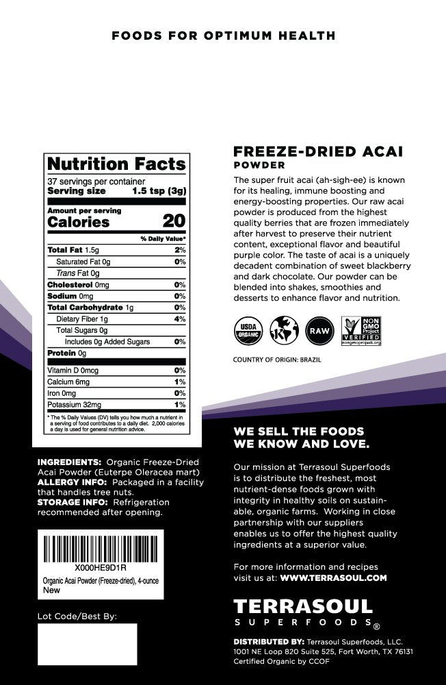 Terrasoul Superfoods Organic Acai Berry Powder, 4 Oz, Freeze-Dried for Freshness, Omega Fats Boost for Smoothie Bowls, and Antioxidant-Packed Superfoods Recipes