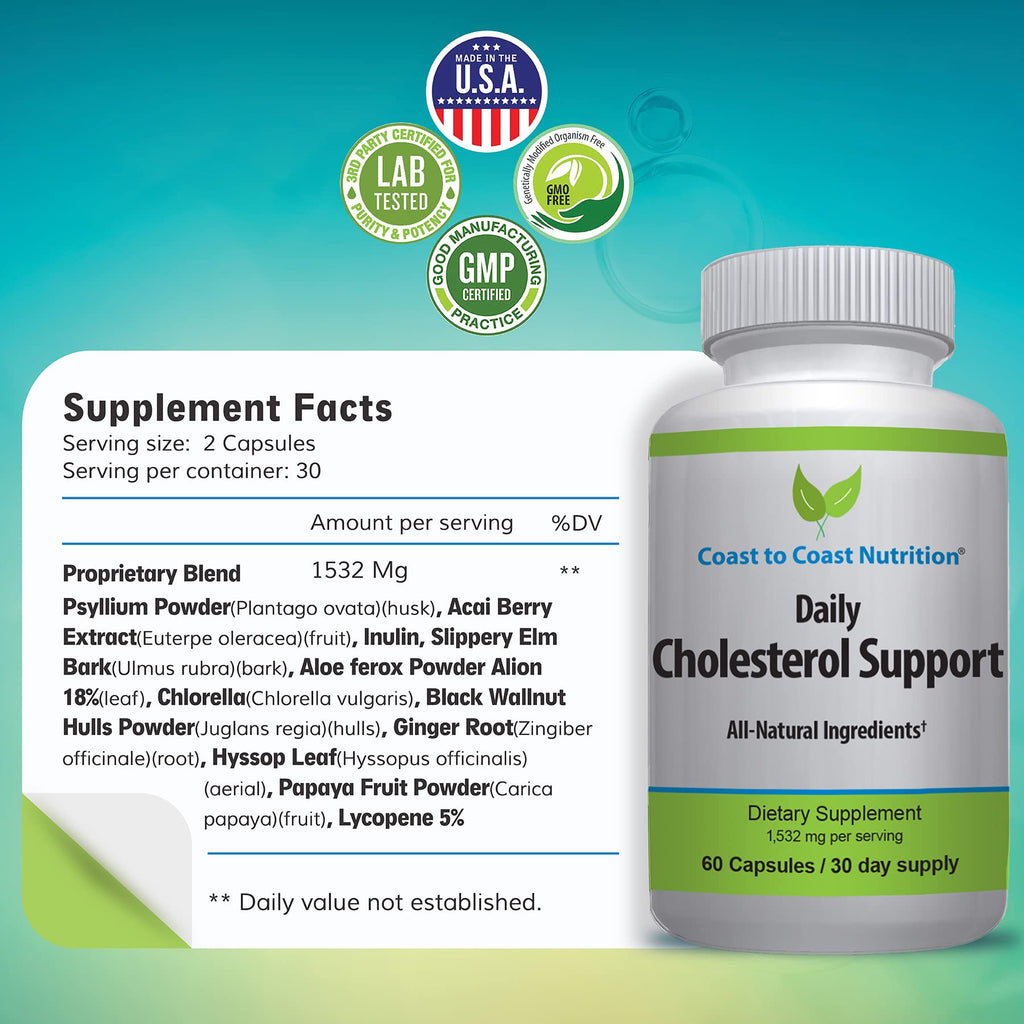 Coast to Coast Nutrition Cholesterol Support Supplement - Support Cardiovascular & Artery Performance, Target Bad LDL Levels & Plaque Calcium Buld-Up - Promote Circulation & Blood Flow - 60 Capsules