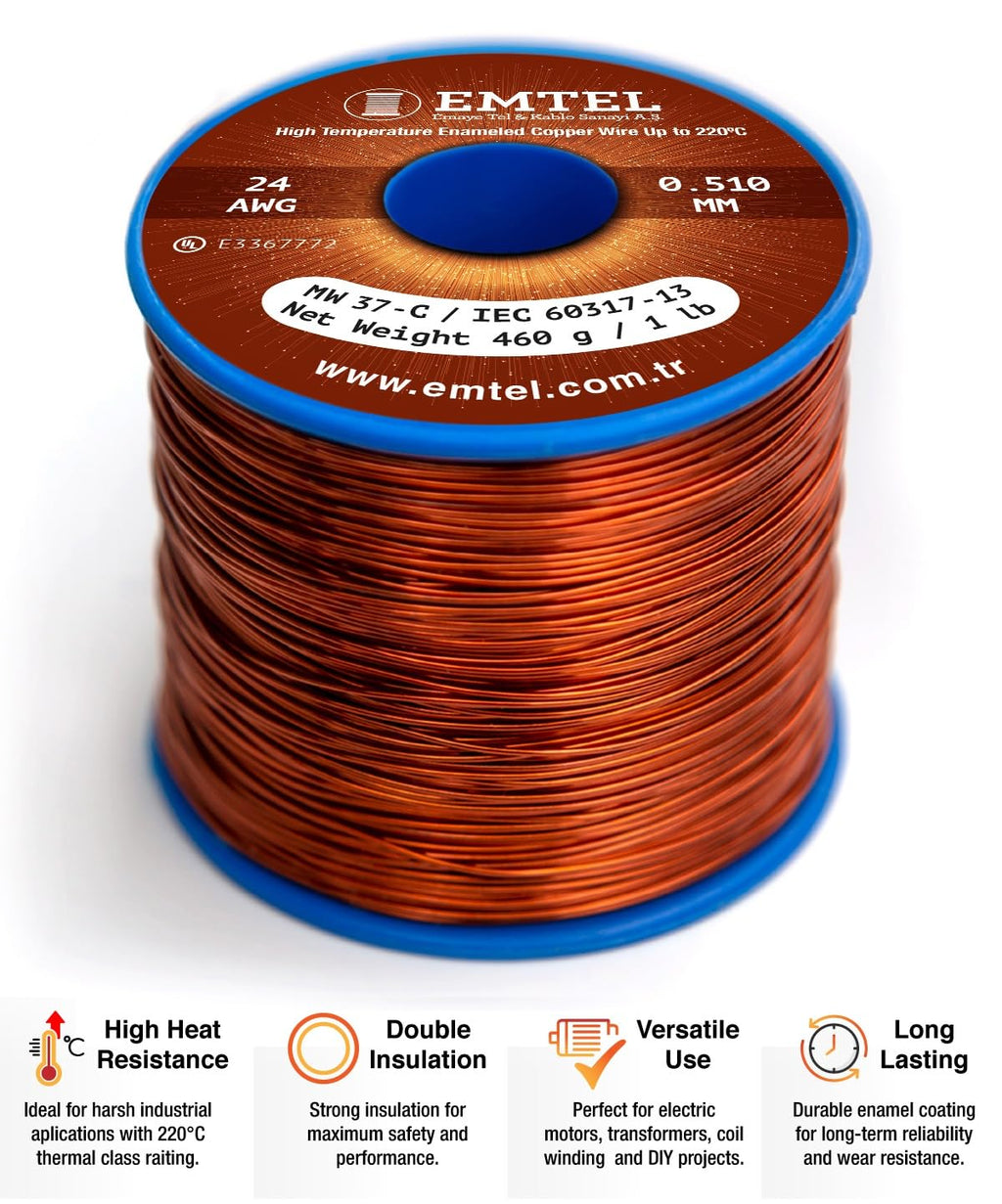 Emtel 24 AWG - 1 lb (805 feet) 99.9% Pure Copper Wire, Enameled Magnetic Wire for Motor, Transformer, Magnetic Coil, & Electroculture Gardening, Winding Magnet Wire - 220°C (428°F) Thermal Class