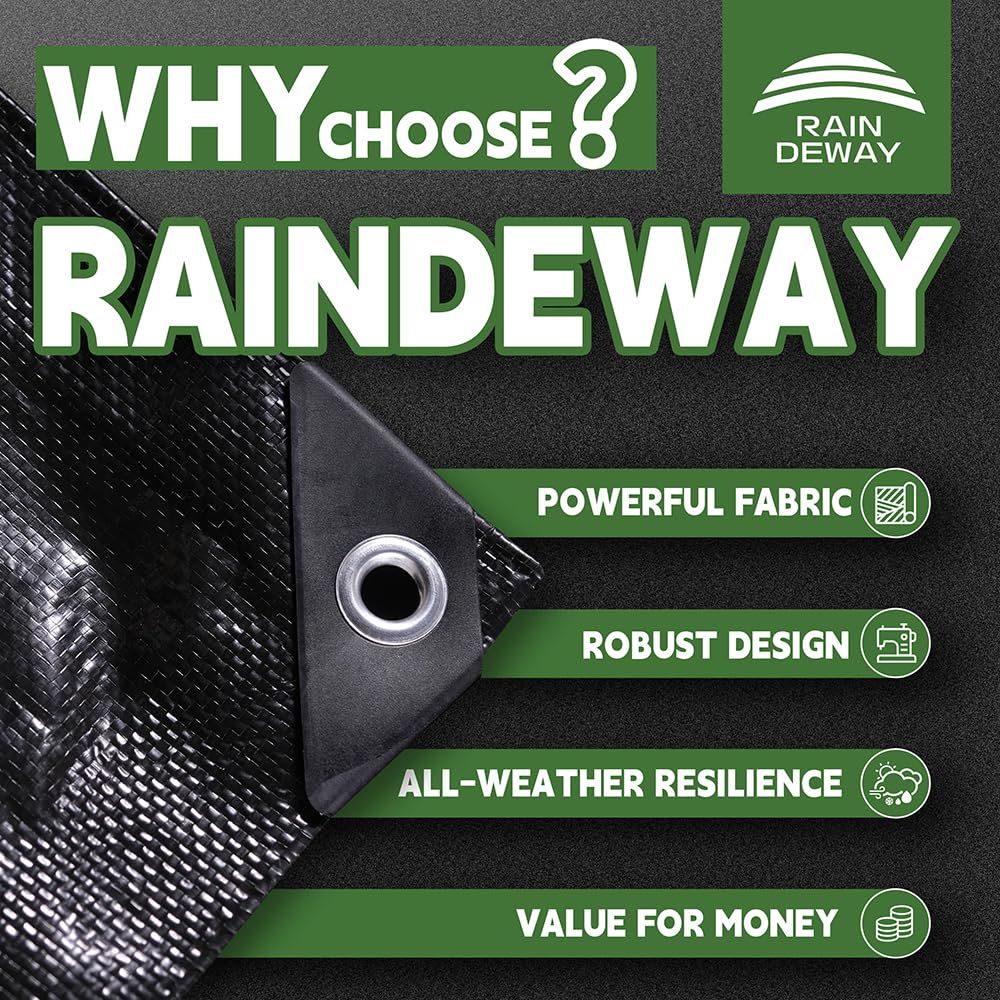 RAINDEWAY Extra Large Tarp 60x60, 8 Mil Thick, Black Tarps Heavy Duty Waterproof, UV Resistant, Cover with Metal Grommets and Reinforced Edges, Finished Size