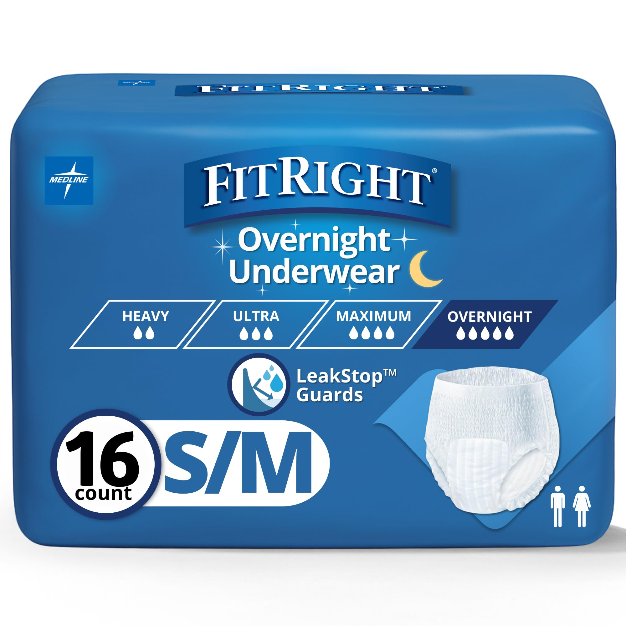 FitRight Overnight Unisex Underwear, Small/Medium (28-40 in Waist), 16 Count, Maximum All Night Disposable Incontinence Protection, Pull-On Absorbent Underwear for Men & Women, 1 Bag