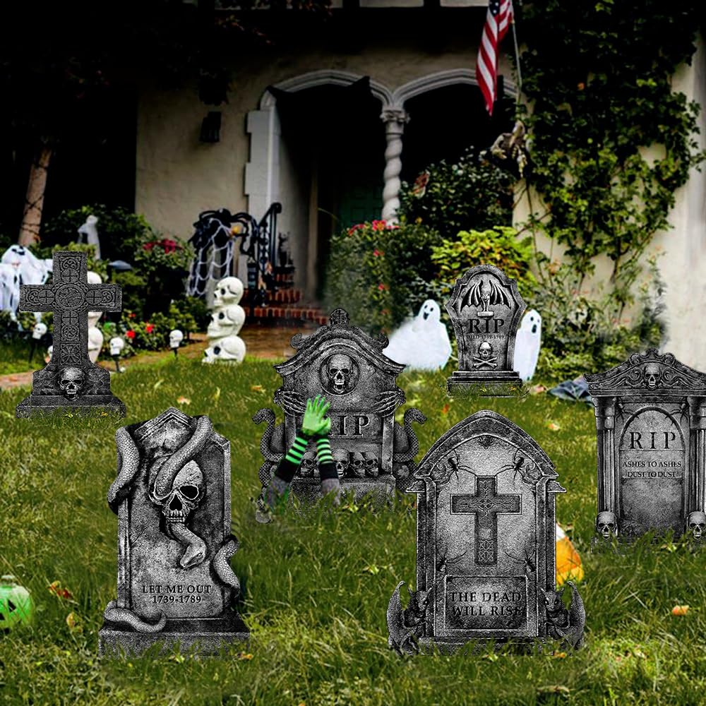 Halloween Decorations Outdoor Graveyard Tombstones: 6ct Large Tombstone Halloween Decor Yard Signs with Stakes, 16" Realistic Scary Skeleton RIP Cemetery Gravestones for Yard Lawn Outside Home Party