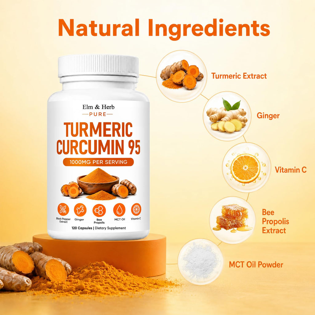 Elm & Herb Pure Turmeric Curcumin 95, Turmeric Curcumin Supplement with Black Pepper, Bee Propolis, Ginger, Fat Soluble Vitamin C (2)