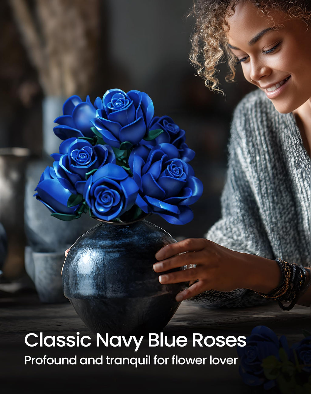 iATOM Blue Rose Bouquet Building Set, Compatible with Lego Flowers for Adults - Gift for Halloween, Gothic Retro Artificial Flowers Botanical Collection Home Decor - IA11007