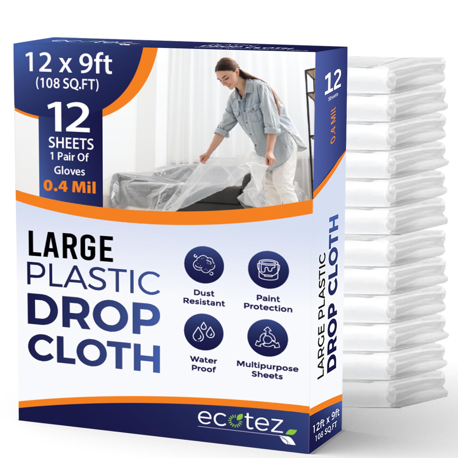 Ecotez 12 Pack 12 x 9 ft Extra Large Plastic Drop Cloth for Painting - Light & Durable Tarp Cover for Furniture - Plastic Clear Tarp Waterproof - Paint Floor Covering - Painters Drop Cloth Sheeting
