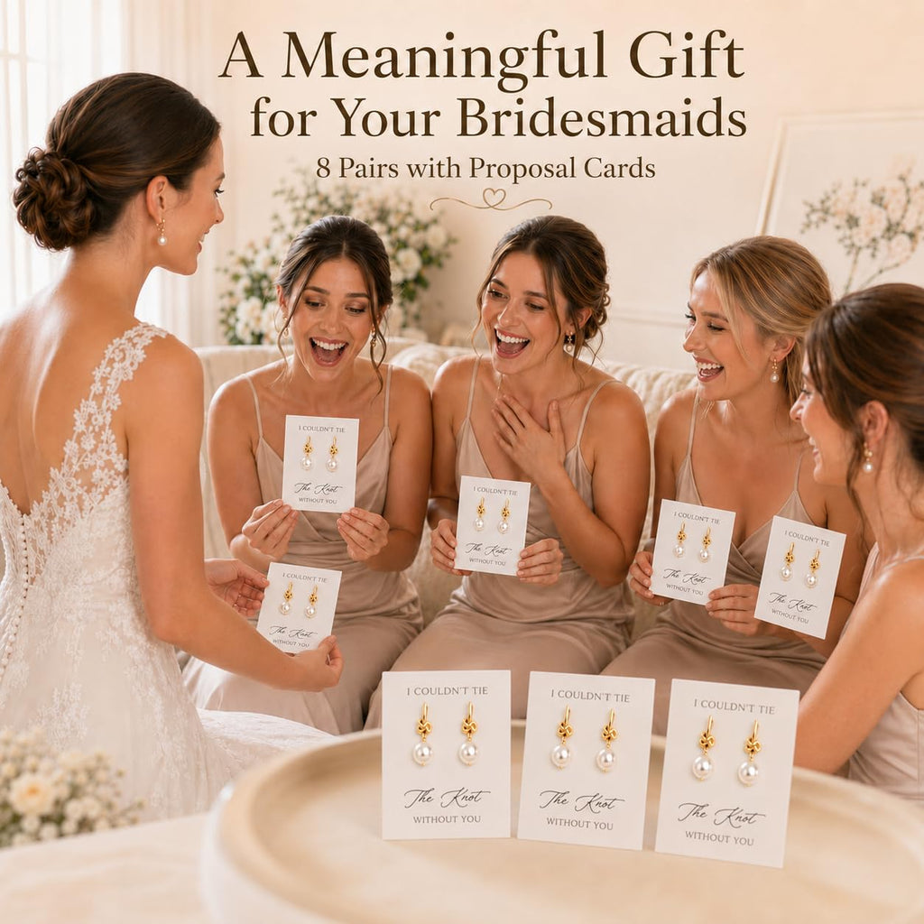 Bridesmaid Earrings for Bridesmaids 8 Pairs Gold Knot Pearl Wedding Jewelry Set Bridesmaid Proposal Gifts for Bridal Party