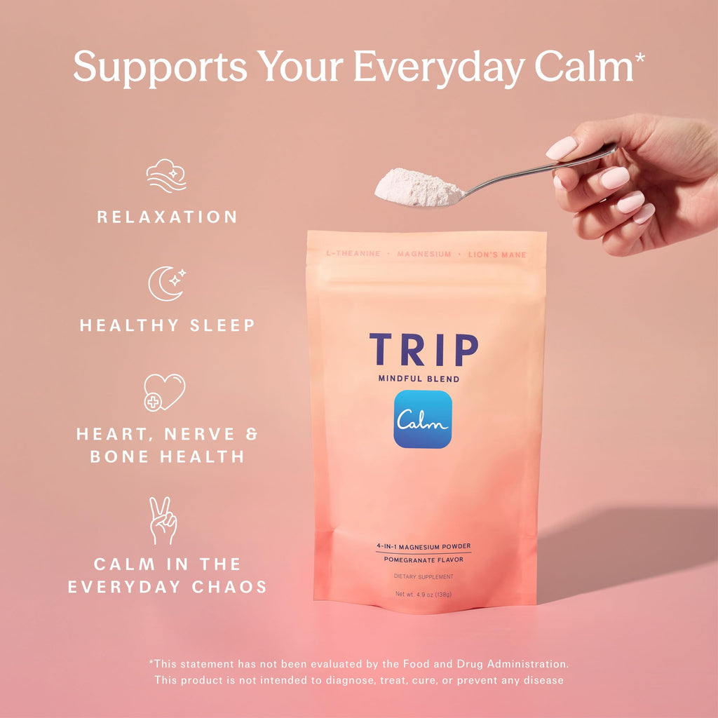 TRIP Magnesium Glycinate Powder with L-Theanine & Lion’s Mane, Sugar Free Magnesium Supplement for Adults, 250mg Magnesium per Drink Mix Serving, Pomegranate Orange Blossom, 1 Bag - 30 Servings