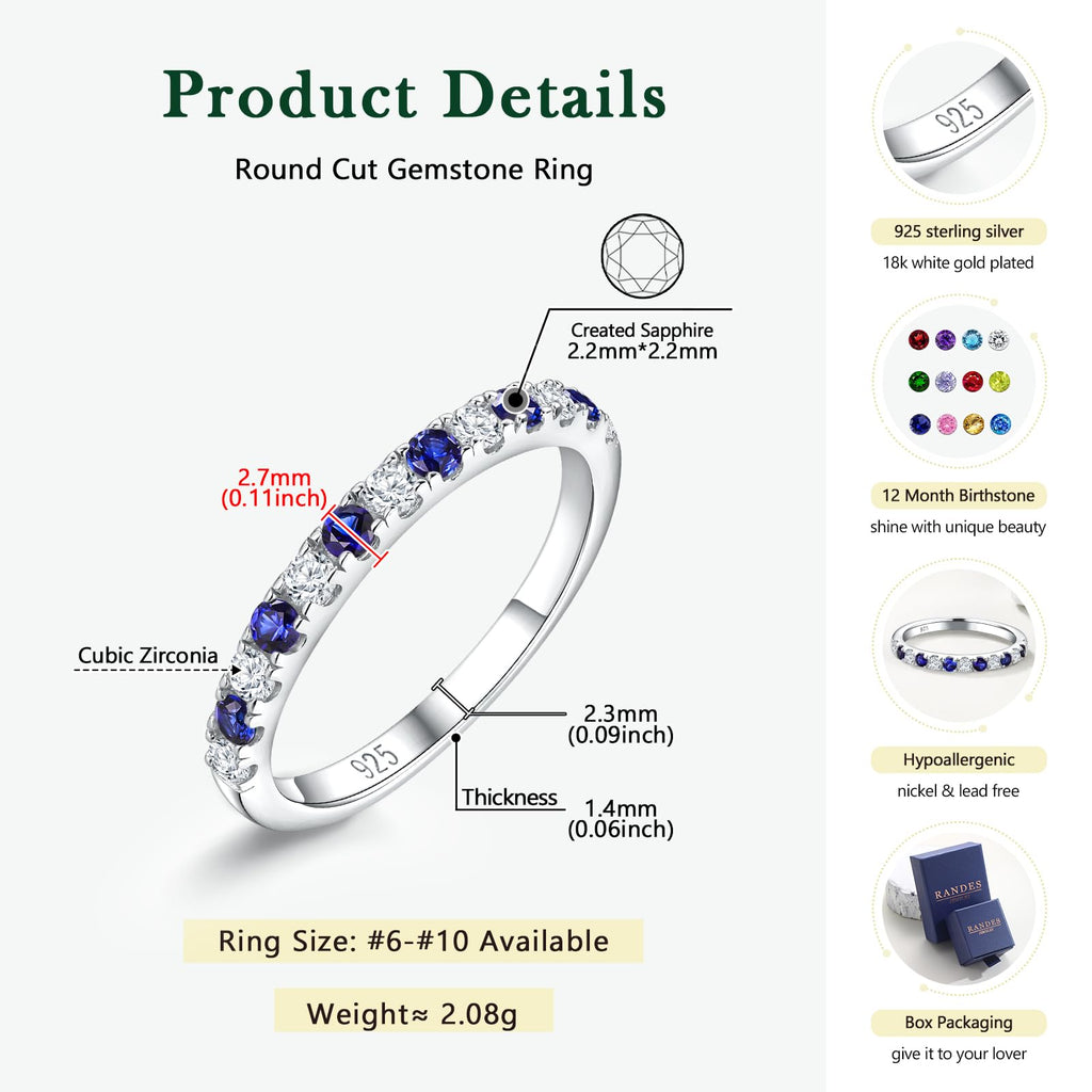 RANDES Sapphire and Cubic Zirconia Rings for Women 925 Sterling Silver Sapphire Band Ring September Birthstone Stackable Rings Half Eternity Wedding Bands Size 6