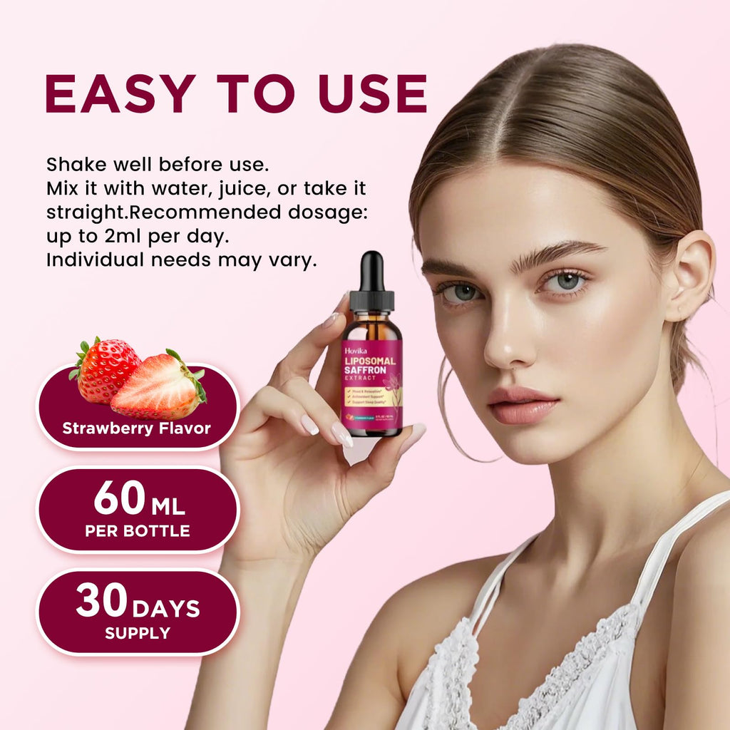 Liposomal Saffron Supplements - 88.5mg Saffron Extract Liquid Drops with L-Theanine, Chamomile, Vitamin C, B6, B12 & D3 for Antioxidant, Immune, Mood, Energy, Focus & Sleep - 2 Fl Oz Strawberry Flavor