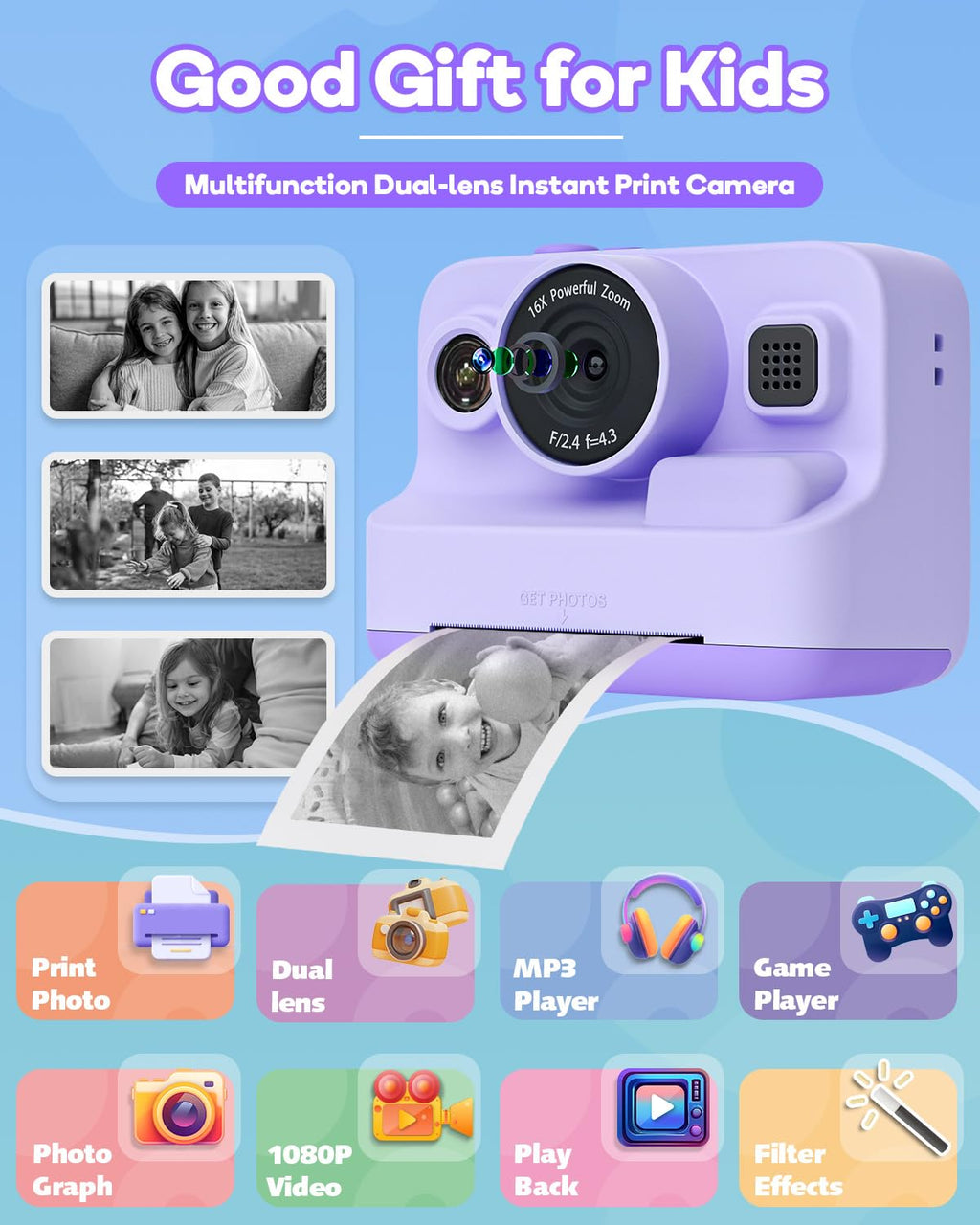 Instant Print Camera for Kids,2.4 Inch Screen Kids Instant Cameras, Christmas Birthday Gifts for Girls Age 3-12, Portable Toddler Toy for 3 4 5 6 7 8 9 10 Year Old Girls Boys Purple