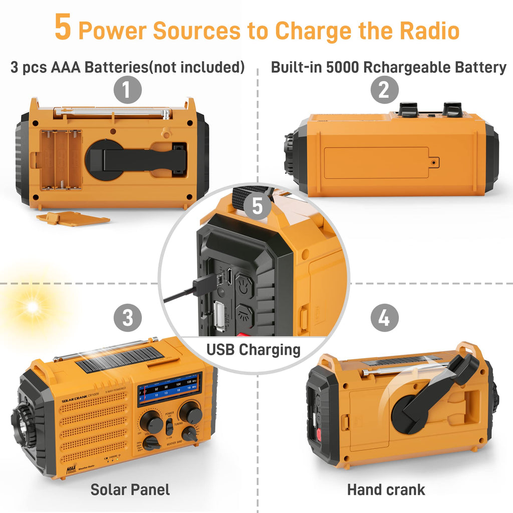 Emergency Radio with NOAA Weather Alert, Portable Solar Powered Hand Crank AM/FM Radio for Survival, Rechargeable Battery Powered Radio, USB Charger, Flashlight, Lee, for Home Outdoor