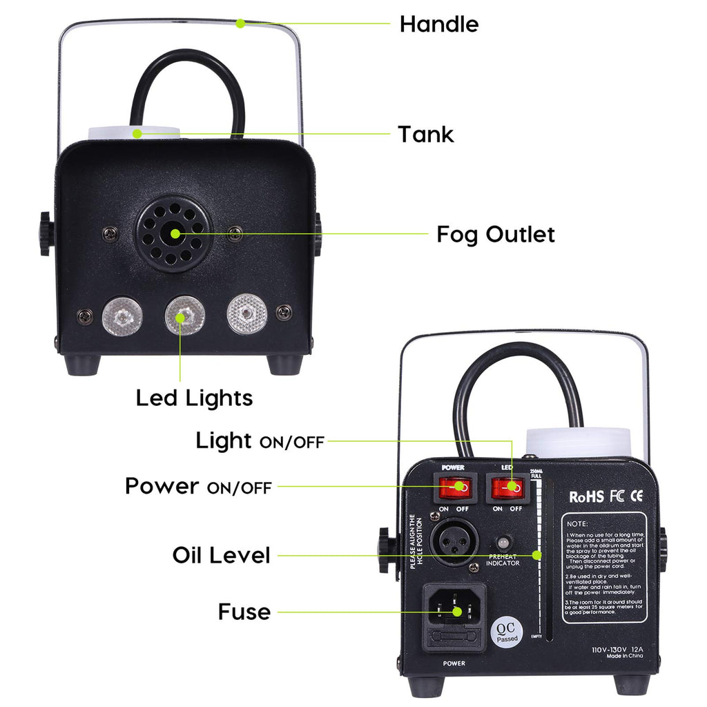 Fog Machine JDR Smoke Machine Controllable LED Light 500W and 2000CFM Fog Disinfection with Wireless and Wired Remote Control for Weddings, Halloween,Parties or Disinfection with Fuse Protection
