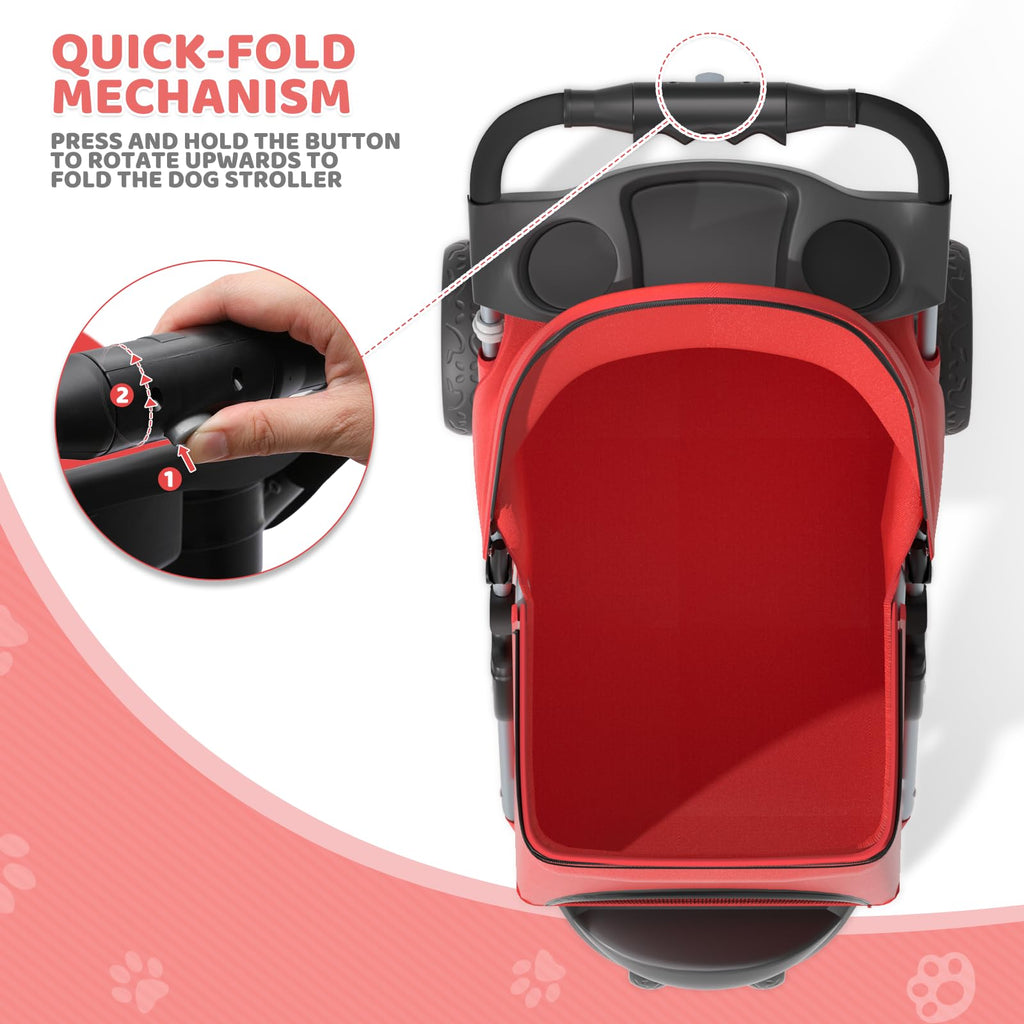 Magshion 3-Wheel Pet Stroller, Foldable Travel Jogger for Small & Medium Dogs & Cats (Up to 33lbs), Lightweight Carrier with Breathable Mesh Cover, Cup Holder & Storage Basket, Red