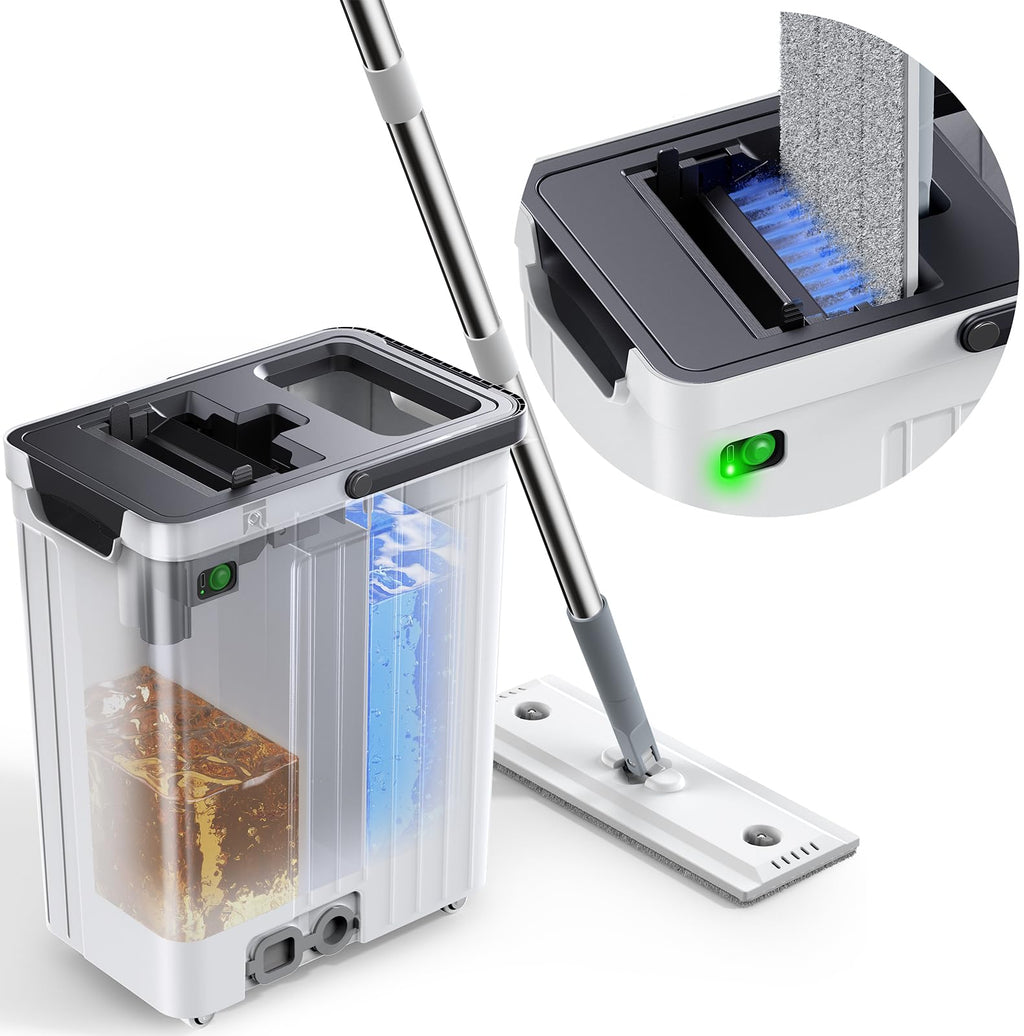 ADICOM Mop and Bucket Set | Auto-Spray Cleaning | Dirty Water Separation Keep Water Fresh | Flat Mop & Bucket with Scraper | 3X Washable Pads | Mops for Floor Cleaning All Floors Tile Wall Window
