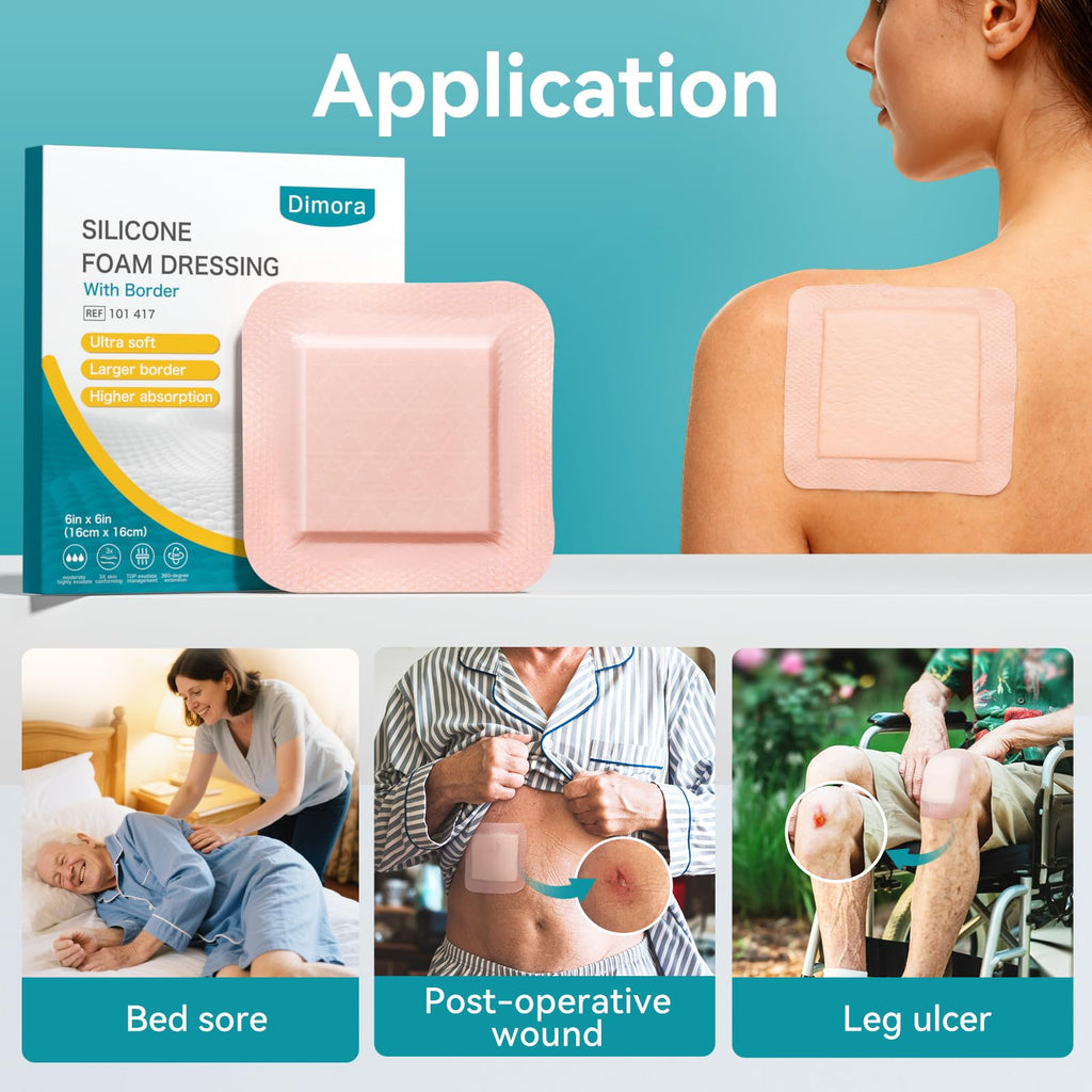 Dimora Utra Soft Silicone Foam Dressing 6"X6"(5 Count), Super Absorbent Large Bandage for Wound with Widened Border, Adhesive Foam Wdound Dressing for Bed Sores, Ulcer, Surgical Wound