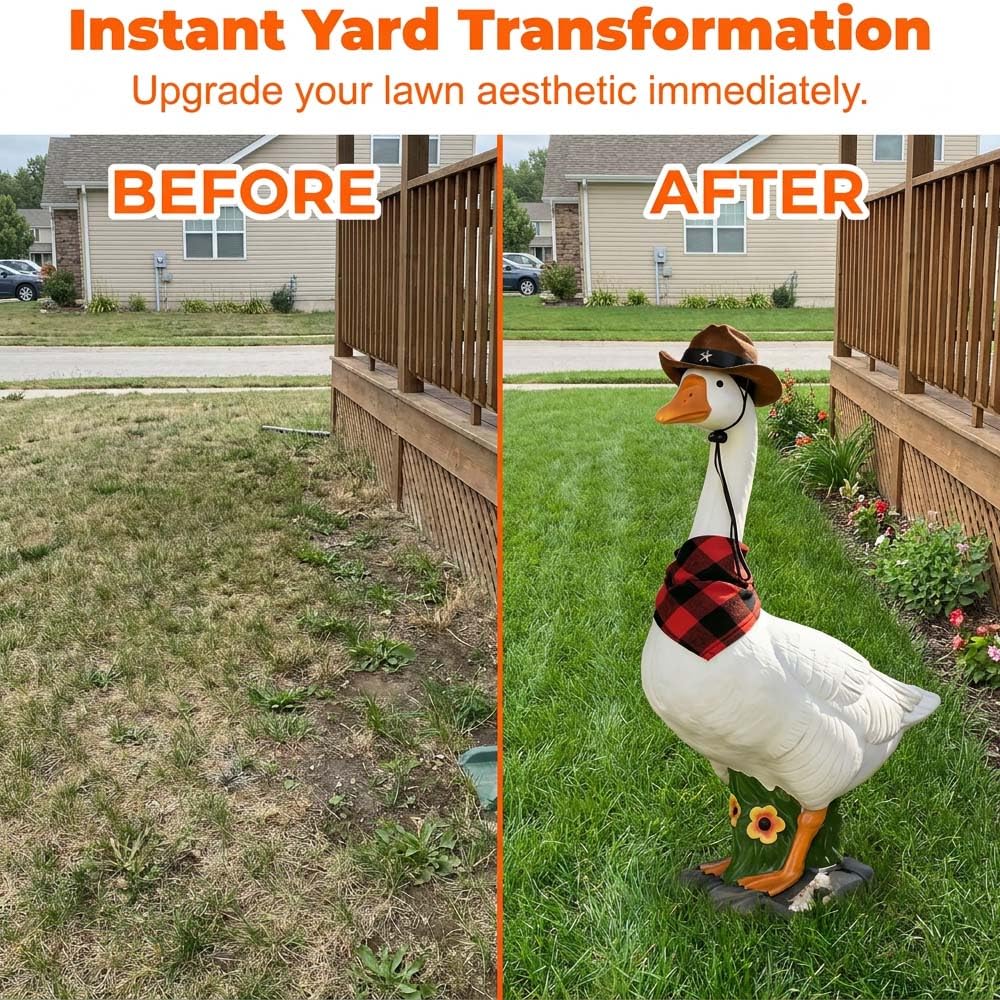 VTYER 2026 New Adjustable Large Porch Goose Statue – 14 Inch Realistic Hollow Plastic Garden Goose with Removable Cowboy Hat & Bandana, Stone Base with Sand-Fillable Design (White)