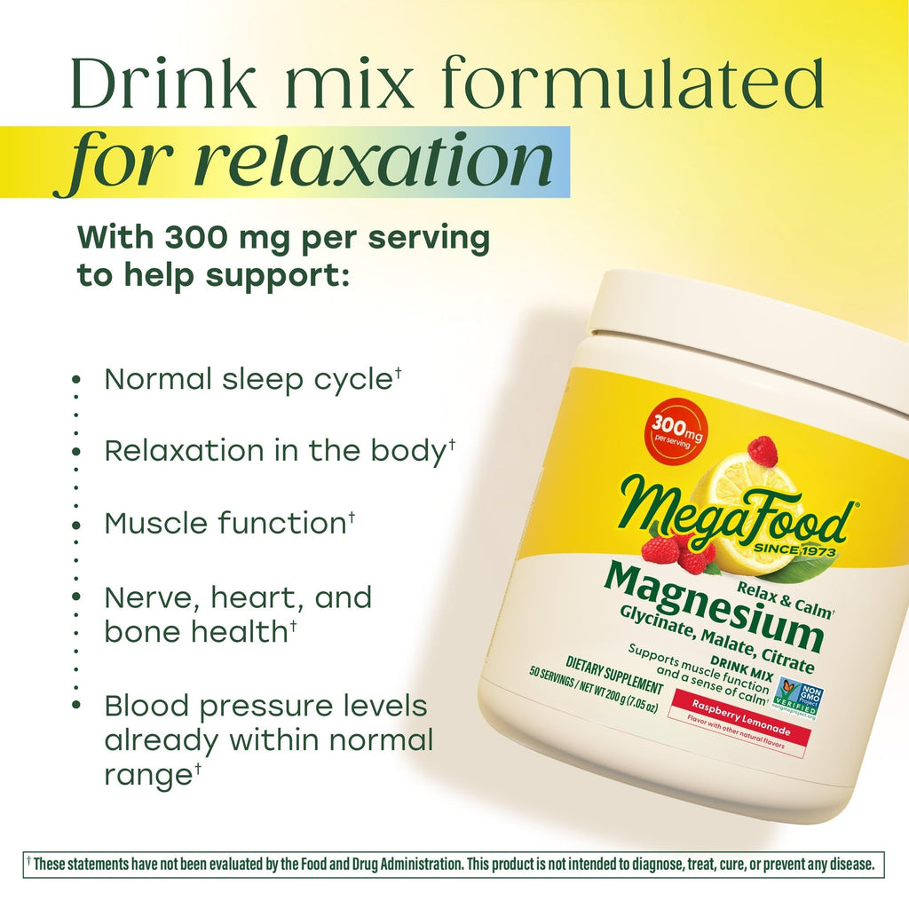 Megafood Relax + Calm Magnesium Powder - Highly Absorbable Magnesium Glycinate, Magnesium Citrate & Magnesium Malate - Without 9 Food Allergens - Raspberry Lemonade Flavor - 7.05 Oz (50 Servings)