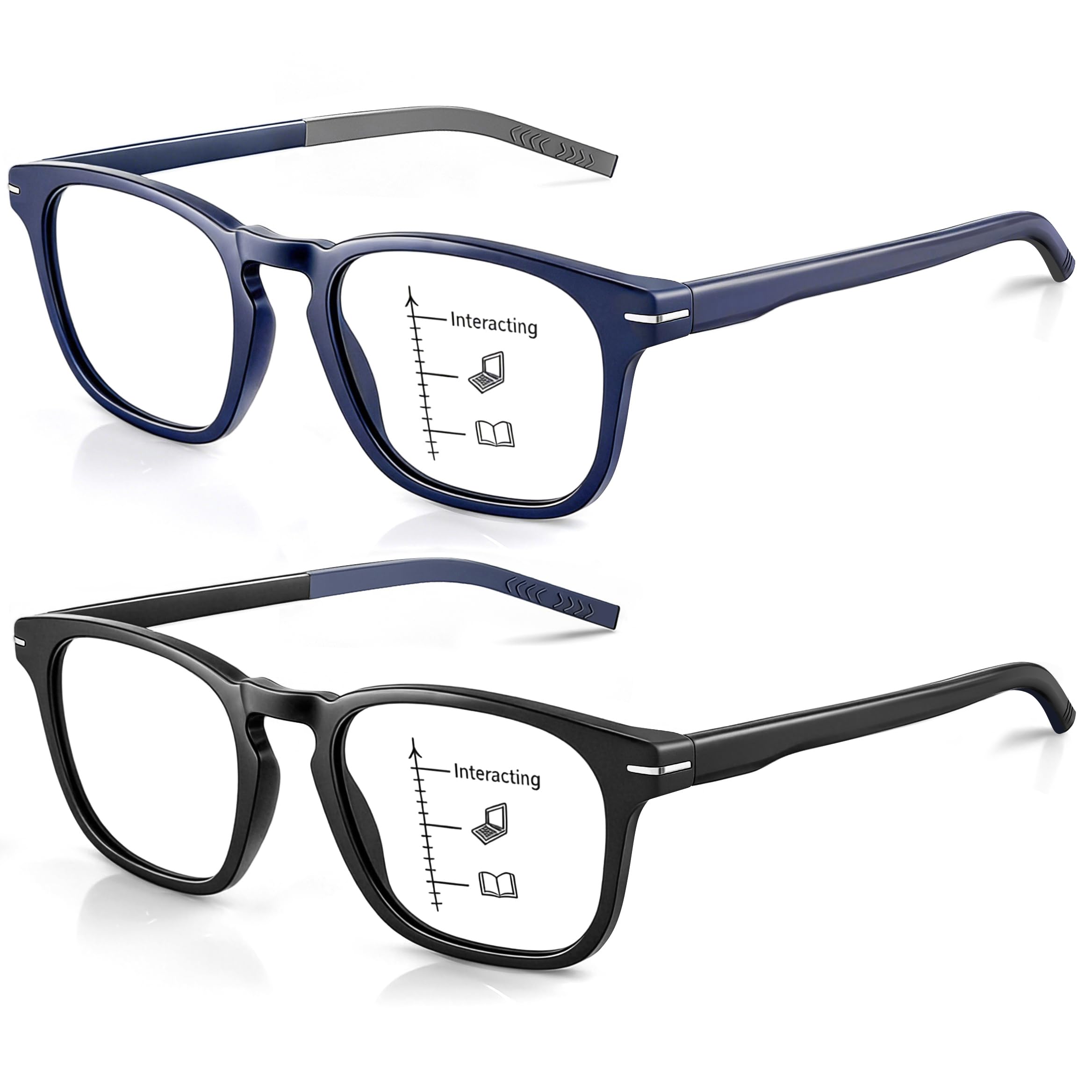 Missfive Versatile Progressive Multifocus Reading Glasses Men, Advanced Wider Spring Hinges Multifocal Computer Readers with Anti-Slip Soft Rubber Tips, No-Line Anti-Blue Light for Near Range +2.50