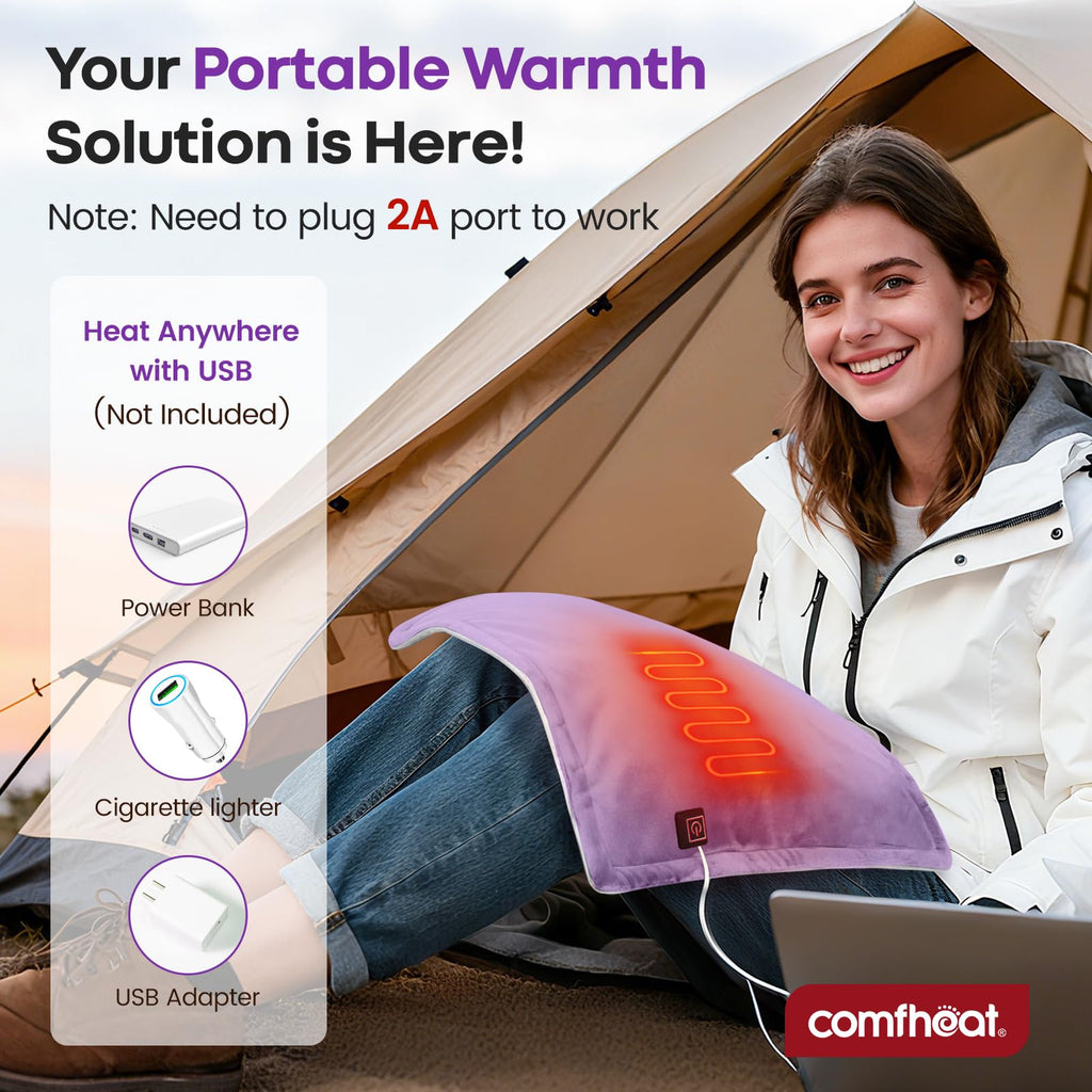 Comfheat USB Plug-in Heating Pad for Travel Warmth Outdoors, Non-Rechargeable Small Heated Pad 5V Heat Therapy for Pain Relief Abdomen Cramps, 3 Heat Settings & Auto Shut Off (12"x 16") Purple