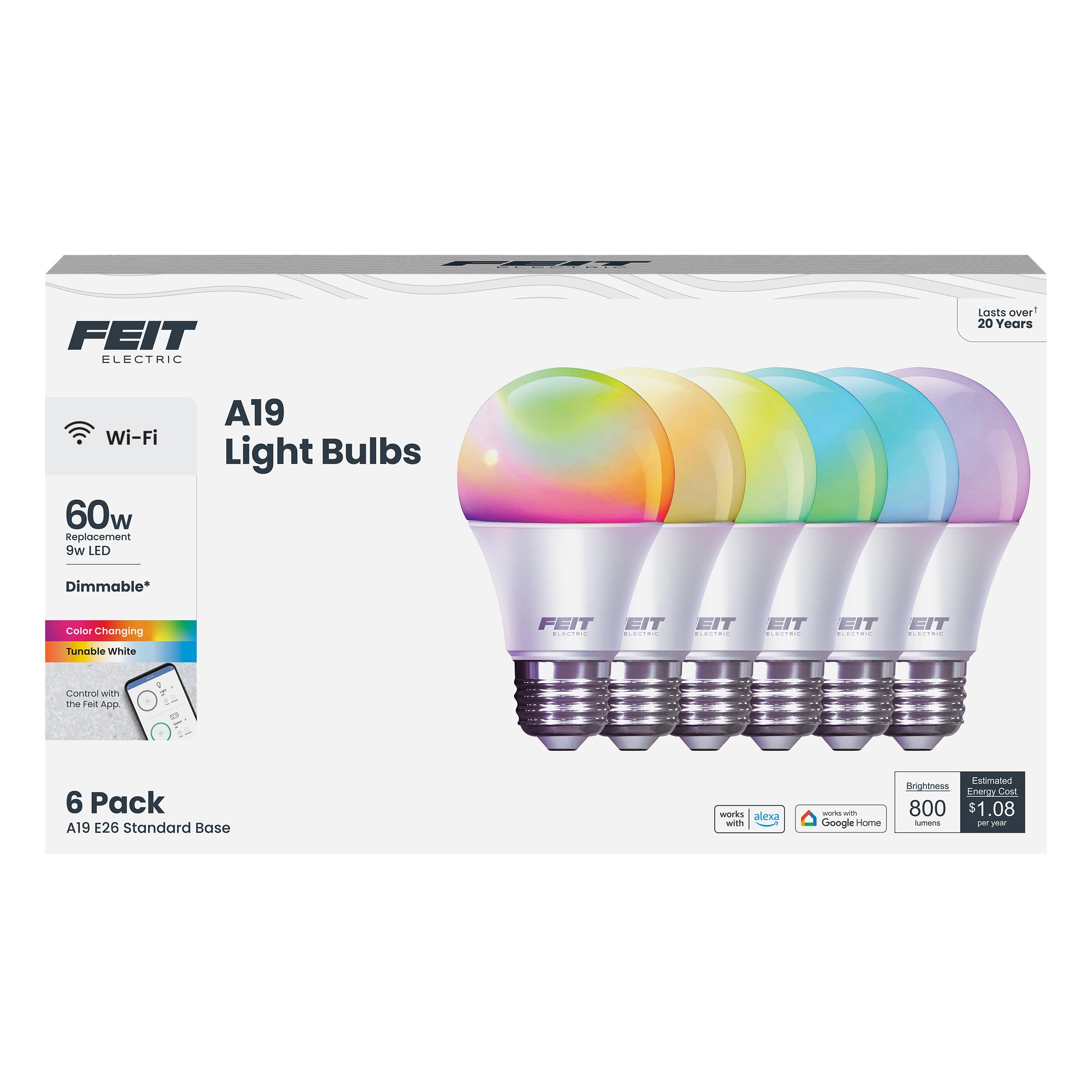 Feit Electric A19 Smart LED Light Bulb, 60W Equivalent, Dimmable, RGBW Color Changing, Alexa & Google Home Compatible, 2.4GHz Wi-Fi Enabled, 800 Lumens, 25,000-Hour Lifetime, OM60/RGBW/CA/AG/6, 6-Pack