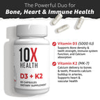 10X Health Vitamin D3 5000 IU & K2 MK7 - Menaquinone 7, High-Potency D3 K2 Vitamin Supplement for Bone Health, Heart and Teeth - 125 mcg Vitamin D & 90 mcg Vitamin K2-60 Capsules