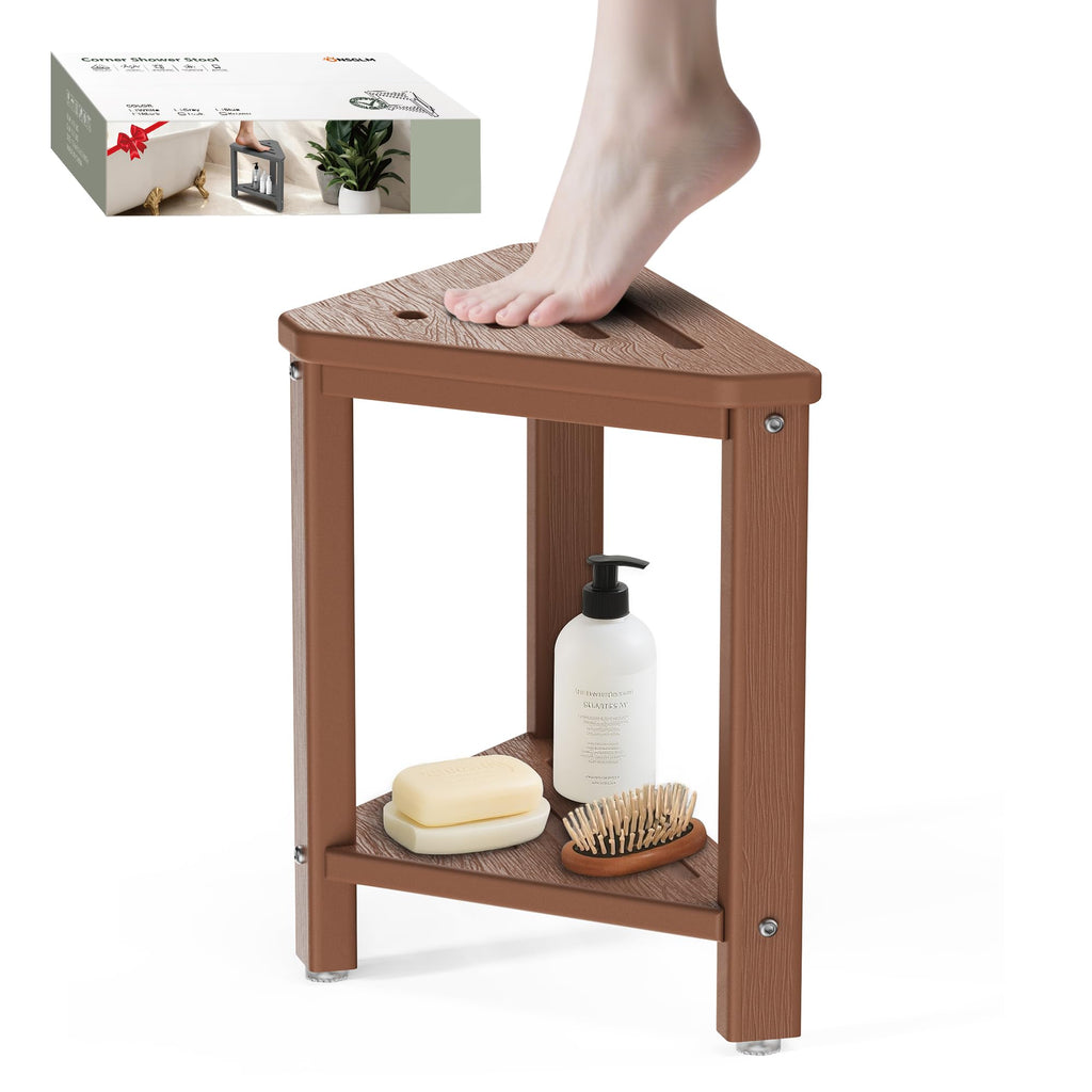 Teak Shower Foot Rest 15in, HDPE Waterproof Shower Stool for Inside Shower, Corner Shower Stool for Shaving Legs with Storage Shelf for Small Space, Shower Step Stool, Plastic Corner Shower Bench
