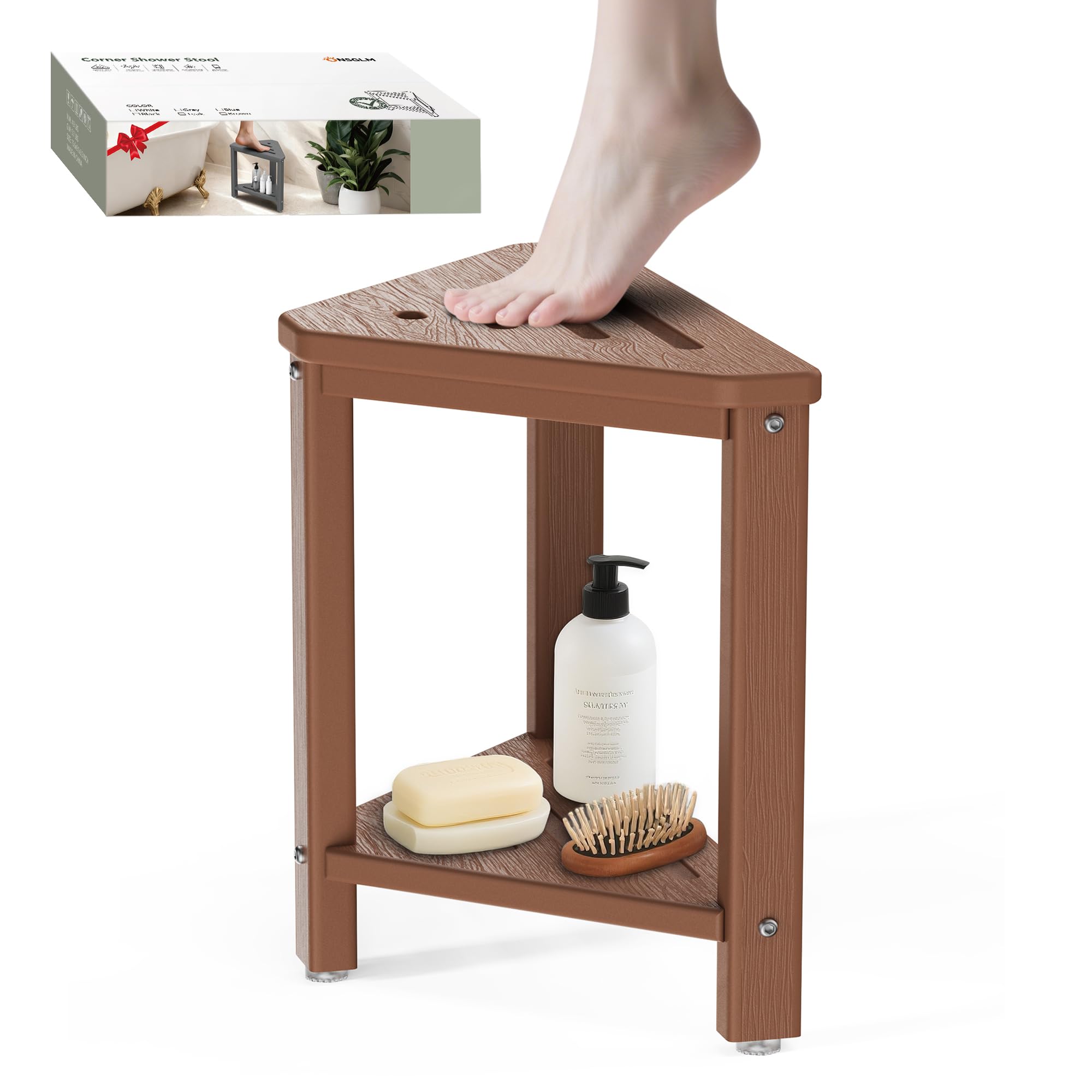 Teak Shower Foot Rest 15in, HDPE Waterproof Shower Stool for Inside Shower, Corner Shower Stool for Shaving Legs with Storage Shelf for Small Space, Shower Step Stool, Plastic Corner Shower Bench