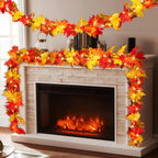 Fall Decorations for Home 9Ft Plug in Fall Garland with Lights Lush and Thicker Large Leaves, 50 Orange Bulbs Prelit Connectable UL Certified Fall Lights for Autumn Thanksgiving Halloween Decorations