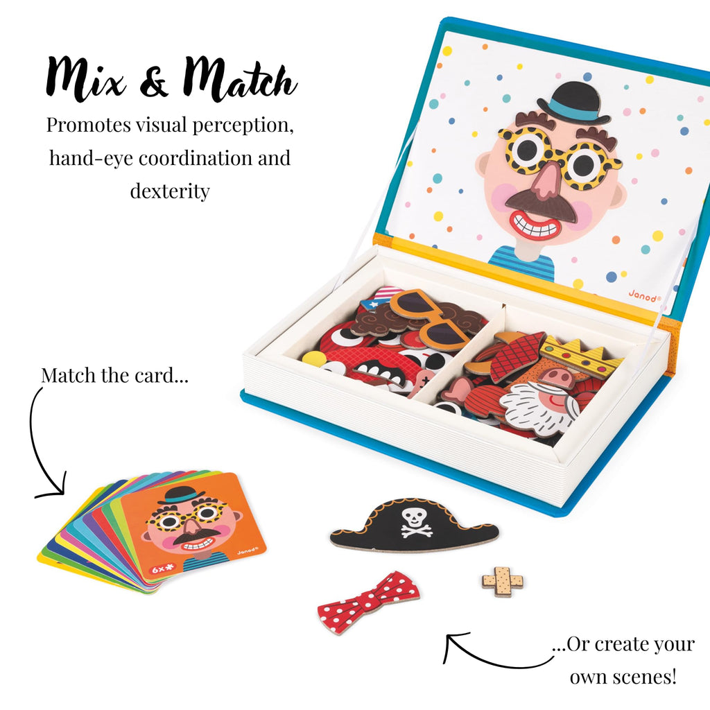 Janod - Magnetibook 83 Pc Magnetic Boy Crazy Face Dress Up Game - Decorating Fridge with Magnetic Letters - Enhances Creativity and Learning - Boosts Self-Confidence - Portable and Easy Storage