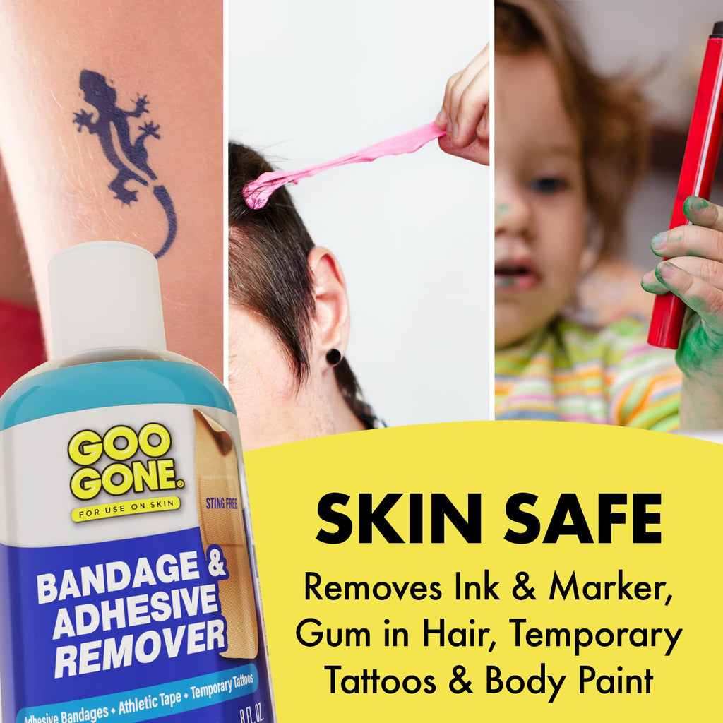 Goo Gone Bandage Adhesive Remover for Skin - Safe and Pain Free Removal for Sticky Residue from Continuous Glucose Monitors, KT Tape, Medical Tape, Heart Rate Monitors, Insulin Pumps, 8 oz (Pack of 2)