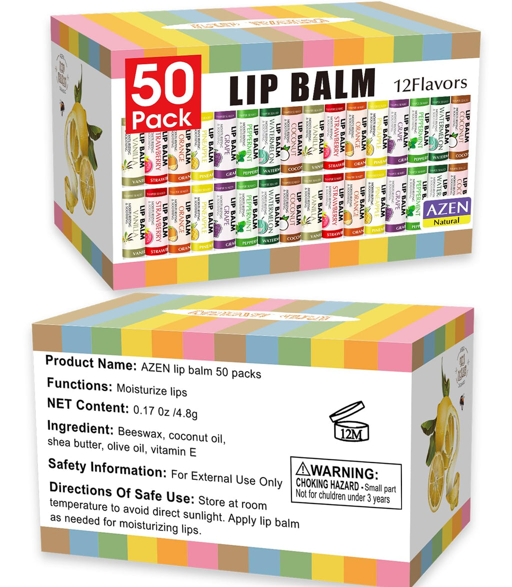 AZEN 50 Pack Lip Balm, Natural Lip Balm Bulk, Lip Care Product, Moisturizing Lip Balms for dry cracked lips, Valentines Gifts Easter Basket Stuffers - 12 Flavors
