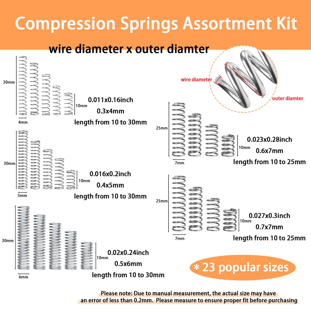 Dianrui 300PCS Compression Springs Assortment Kit 23 Different Sizes Small Spring 304 Stainless Steel Mechanical Mini Springs for DIY Repair Project