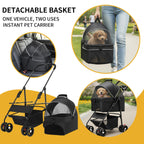 3-in-1 Dog Strollers for Small/Medium Dogs Cats,4 Wheels Pet Stroller,Detachable Carrier Basket,Breathable Mesh,Storage Basket,Cup Holder,Weather Cover,Black