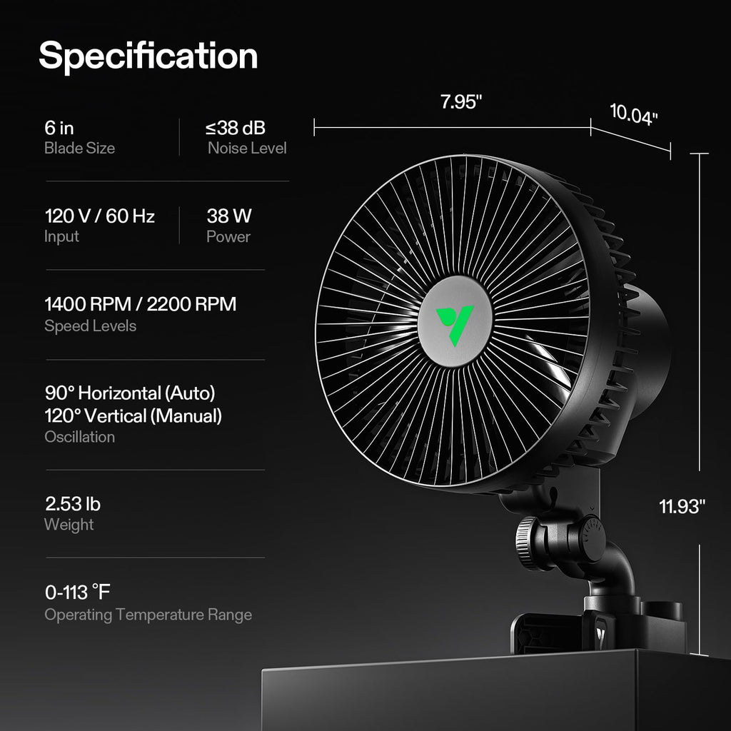 VIVOSUN AeroWave A6 Grow Tent Clip Fan, 6" Auto Oscillating Fan, 1-Pack