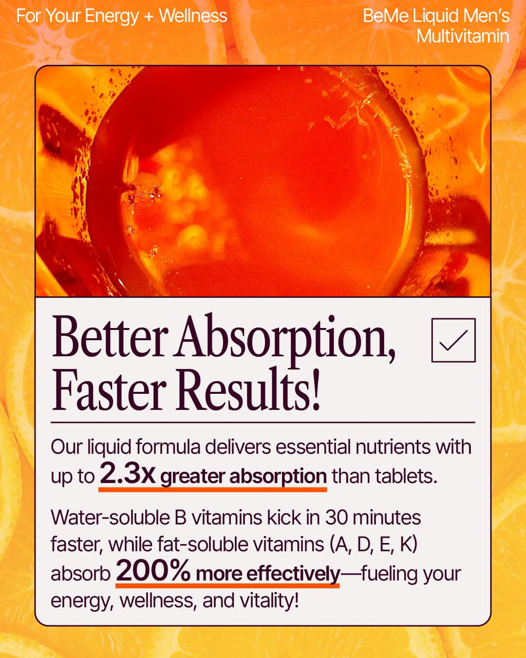 BeMe Liquid Multivitamins for Men - Advanced Liquid Delivery System with 13 Vitamins & Minerals - Tear & Go Sachets, Non-GMO, Orange Flavor (30 Sachets)