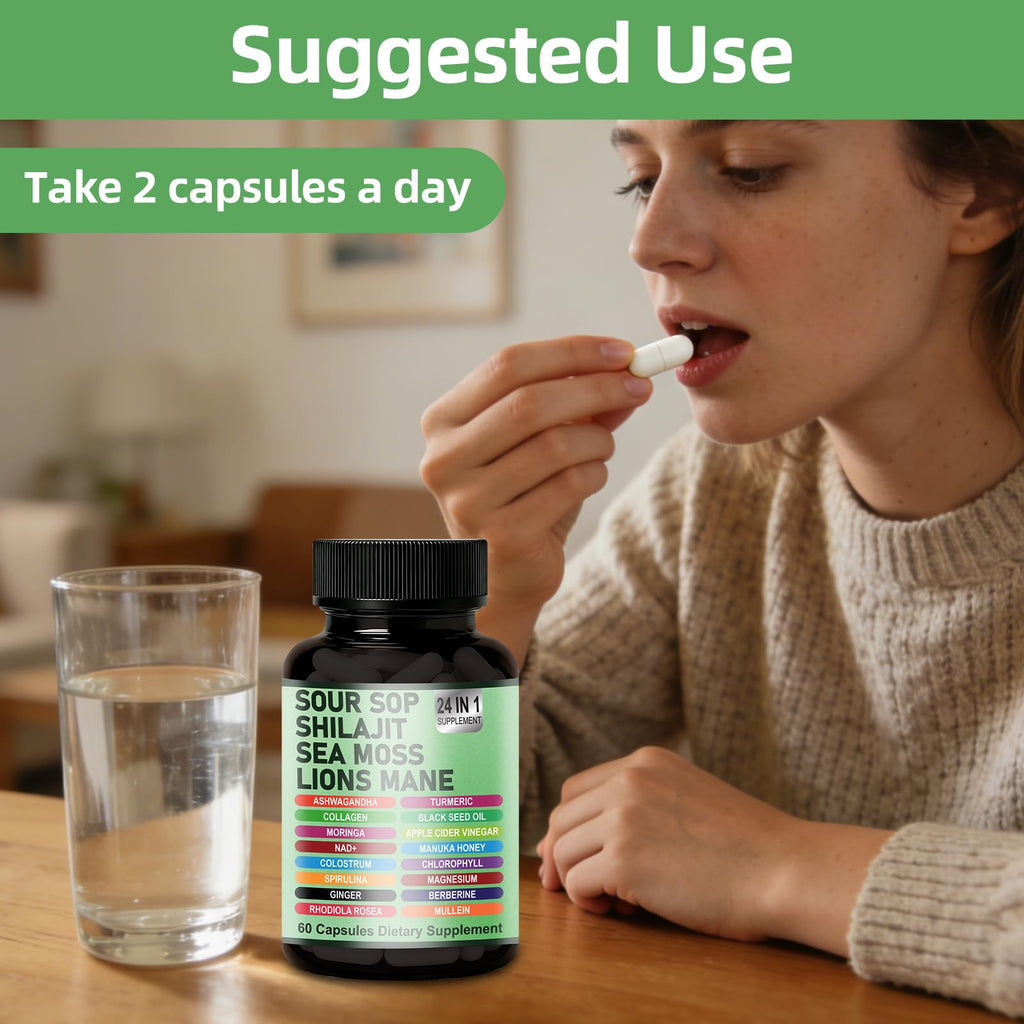 24-in-1 Soursop Graviola Capsules with Sea Moss, Shilajit, Lions Mane, Natural Supplement for Immune Support, Energy, Gut Health, Vegan, 60 Capsules