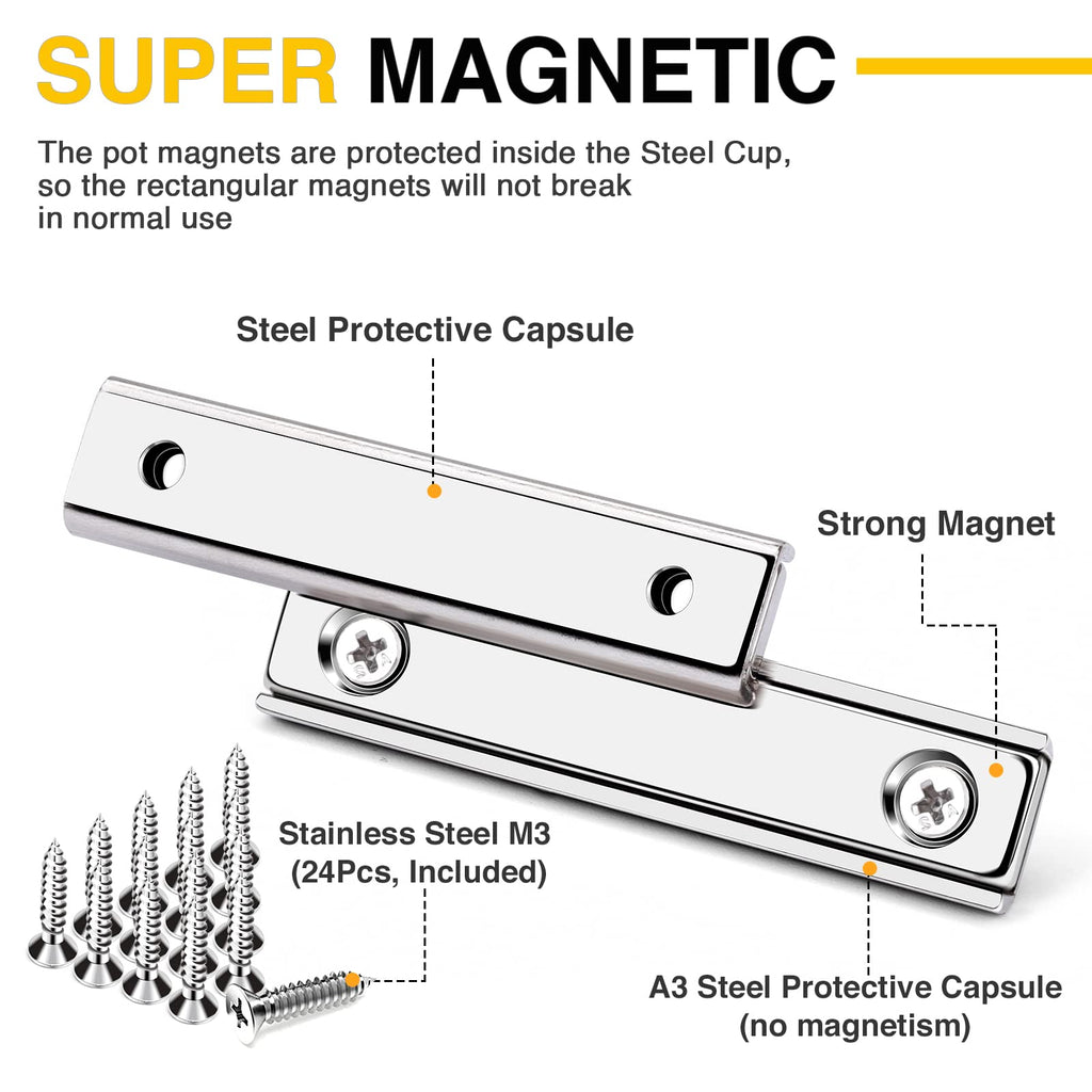 Strong Neodymium Rectangular Pot Magnets with Counter Bore, 70LBS(25 KG) Pulling Force Countersunk Hole Magnets with Mounting Screws - 60x13.5x5mm, Pack of 12