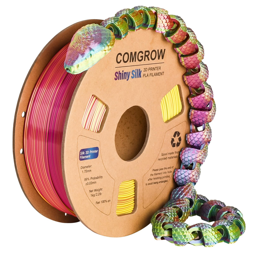 Comgrow Tri-Colors Silk PLA 3D Printer Filament, Rainbow PLA Filament 1.75mm, Dimensional Accuracy +/- 0.02 mm, 4KG Spool, Coextrusion 3D Filament with Shiny Silk