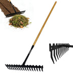 Garden Rake, 60" Wooden Handle with 17-Tine Metal Bow Rake, Secure Fit
