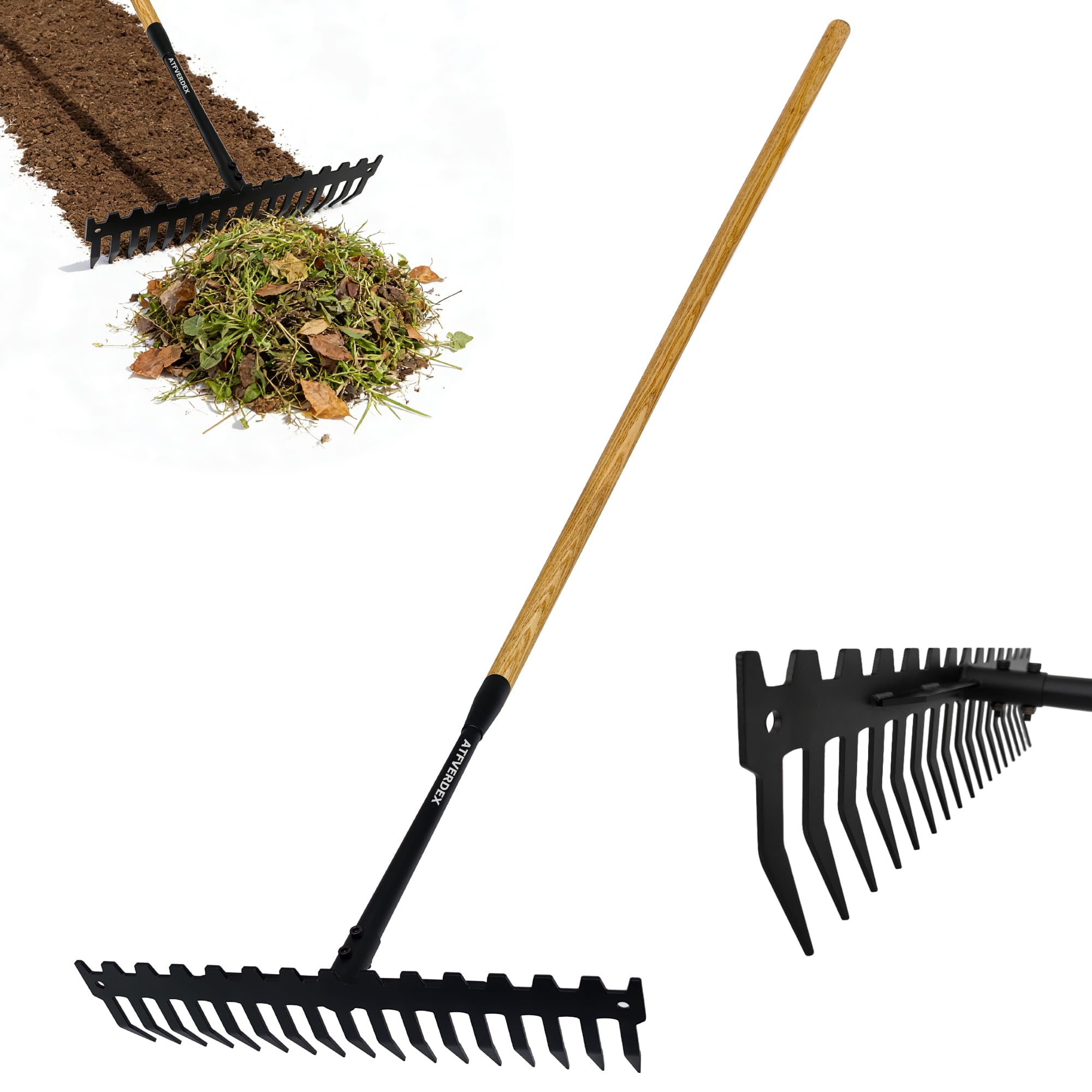 Garden Rake, 60" Wooden Handle with 17-Tine Metal Bow Rake, Secure Fit