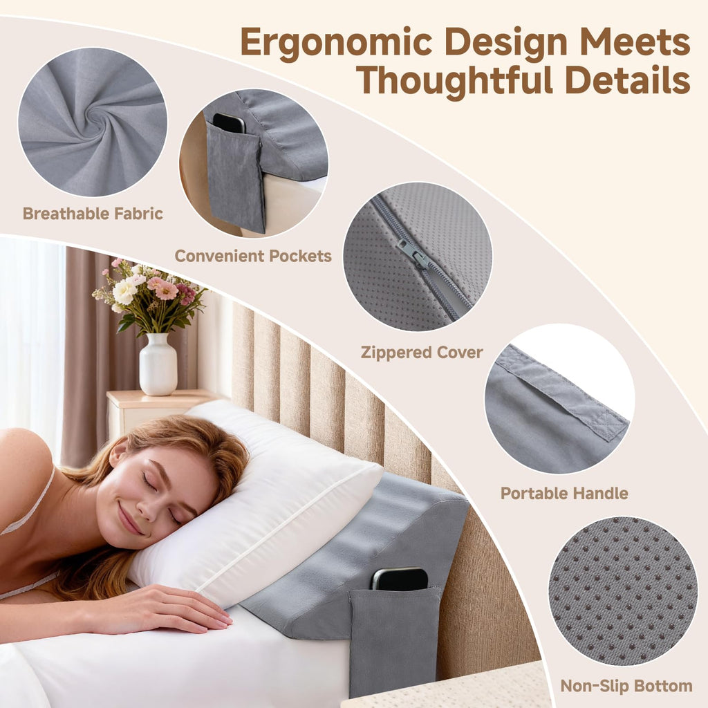 Queen Bed Wedge Pillow for Headboard Gap, Ergonomic Waves Bed Mattress Gap Filler(0-7") with High-Density Foam, Non-slip Bottom, Bed Gap Filler with Large Pockets & Washable Cover, Grey(60"x10"x6")