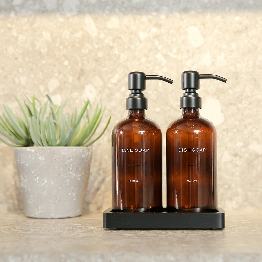 Prus Waso Amber Soap Dispenser Set, Soap Dispenser for Kitchen Sink with Black Stainless Steel Pump, Perfect for Kitchen Accessories Decor. (Amber)