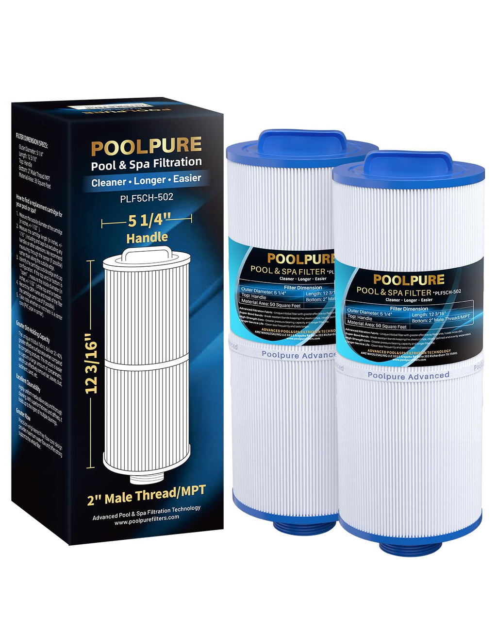 POOLPURE 5CH-502 Fine Thread Spa Filter Replaces PPM50SC-F2M, Marquis Spa 20041, 20091, 370-0237, Marquis 50, 2” Male Thread/MPT Hot Tub Filter (2)