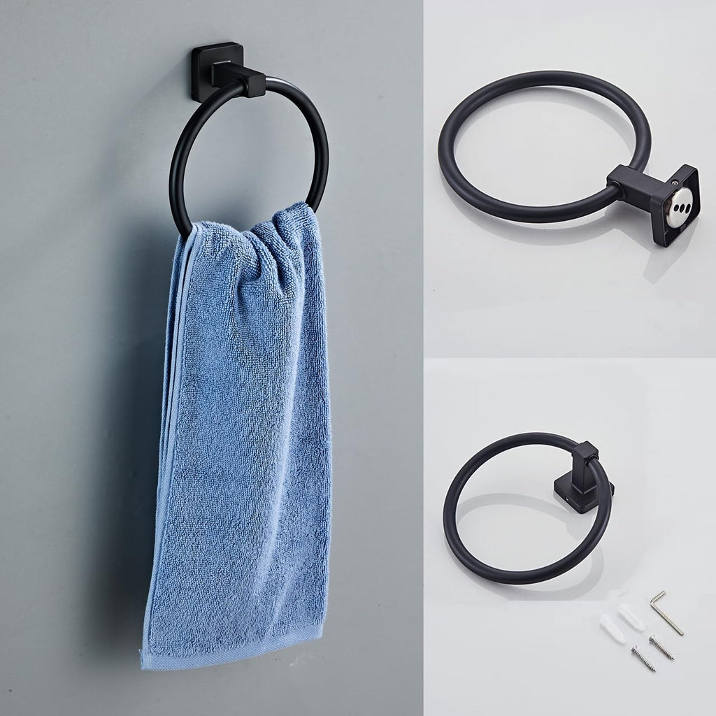 Matte Black Bathroom Hardware Set 4 Pieces,Bathroom Accessories Set Stainless Steel Wall Mounted, Hand Towel Bar, Towel Ring, Robe Towel Hooks,Toilet Paper Holder,Towel Bar Set, 23.6 Inch