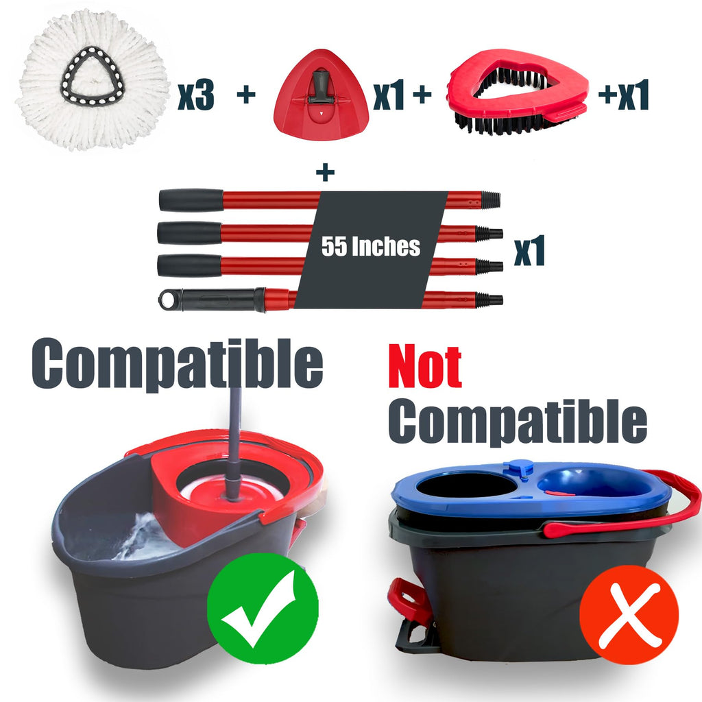 Mop Head Replacement for Ocedar: Spin Mop Heads Refill Compatible with O Cedar - 9 Pcs Kit Attachment Included 3 Microfiber Replace Heads, 55" Extended Mop Handle, 1 Mop Base and 1 Floor Scrub Brush