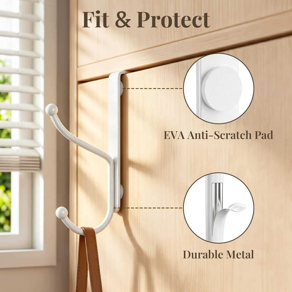 niffgaff Over Door Hook 2-Pack, Heavy Duty Door Hanger, Fits Interior Doors 1.4 Inches Thick, Organize Coats, Hats, Towels, and Bags for Entryways, Bathrooms, Bedrooms, and Kitchens, White