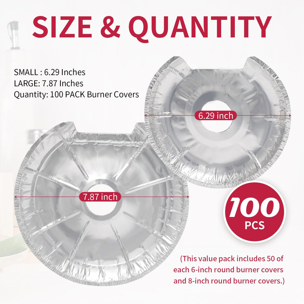 COZZIVITA Round Electric Stove Burner Covers - Thicker Aluminum Foil Burner Liners - Disposable Stove Top Protector, 100 Pack (50 * 6 Inch and 50 * 8 Inch)