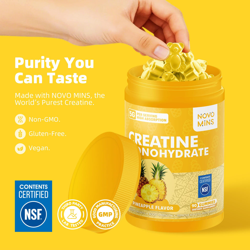novomins Creatine Monohydrate Gummies for Men & Women, Chewables Creatine Monohydrate for Muscle Strength, Muscle Builder, Energy Boost, Pre-Workout Supplement(90 Count)-Pineapple Flavor.