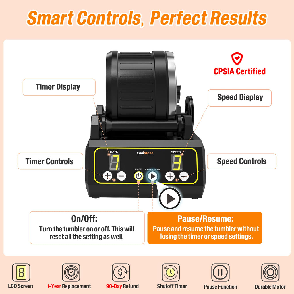 C1 Rock Tumbler Kit - Professional Large 2.5LB Capacity, Up to 5X More Noise Cancelling, Adjustable Timer & Speed with Full Accessories & Memory Function, Ideal for Adults Kids