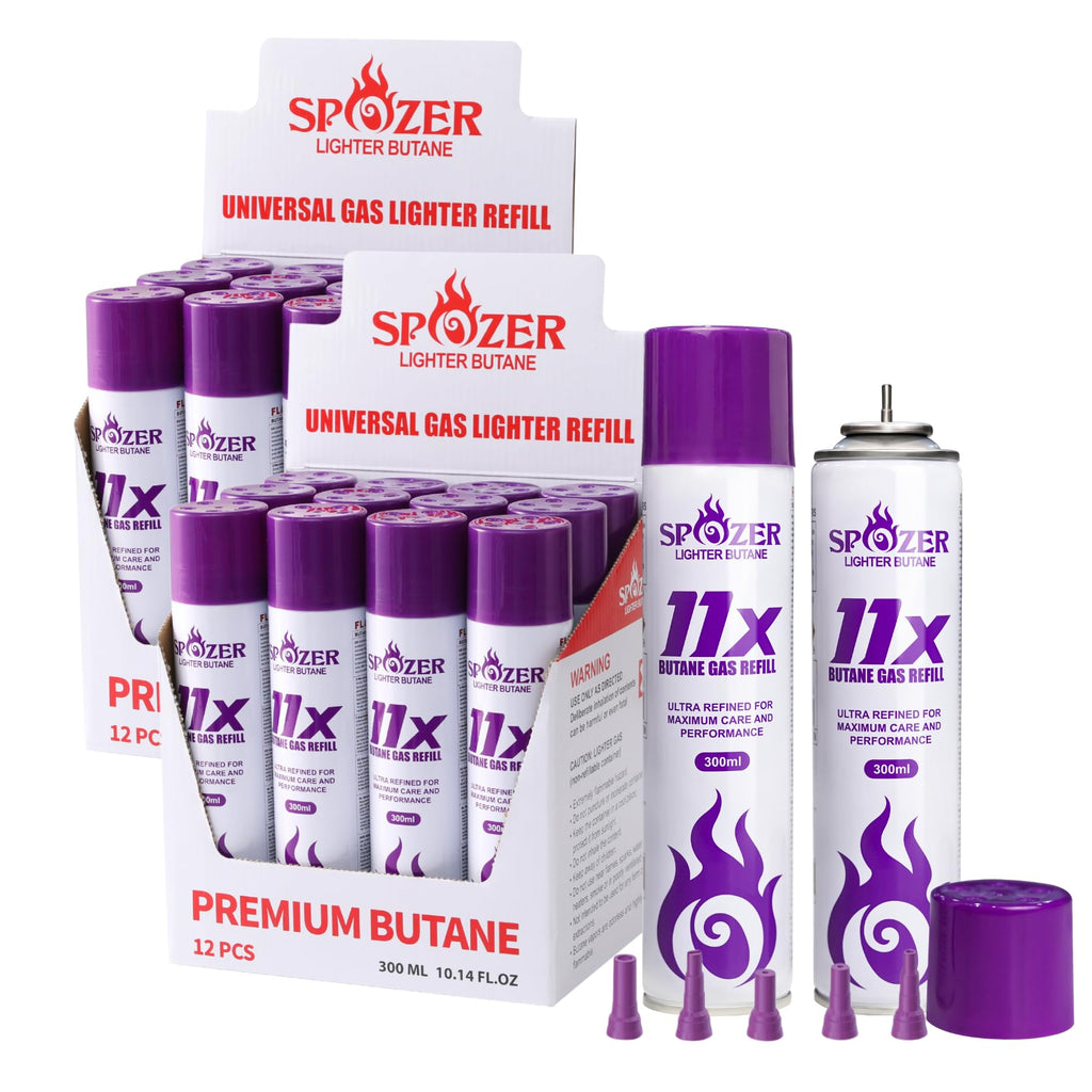 SPOZER 11X Premium Butane Fuel Refill, Universal 99.99% Ultra Pure Butane Gas for Torch Lighters, 300ml(10.14 FL.Oz) Cans, 2 Display Box(Pack of 24)